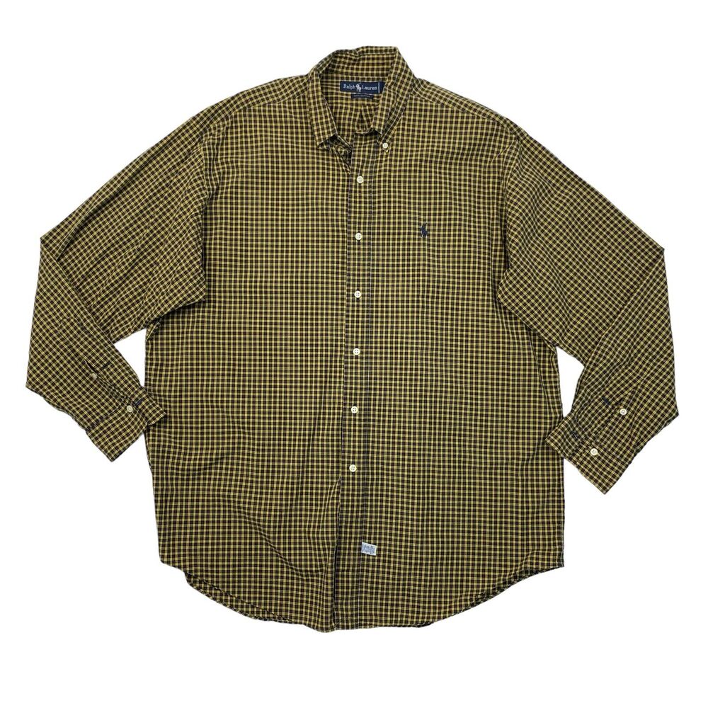 Ralph Lauren Shirt Mens L Large Grellow Navy Blue Plaid Cotton Button Down Dress